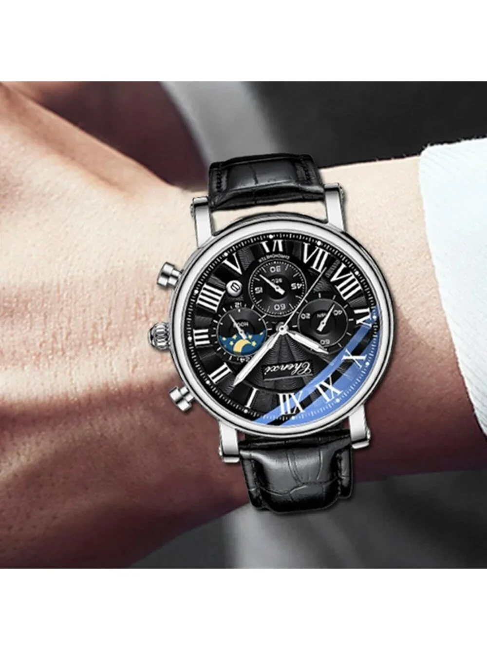 Men's Silver And Black Leather Multifunctional Military Analog Chronograph Watch